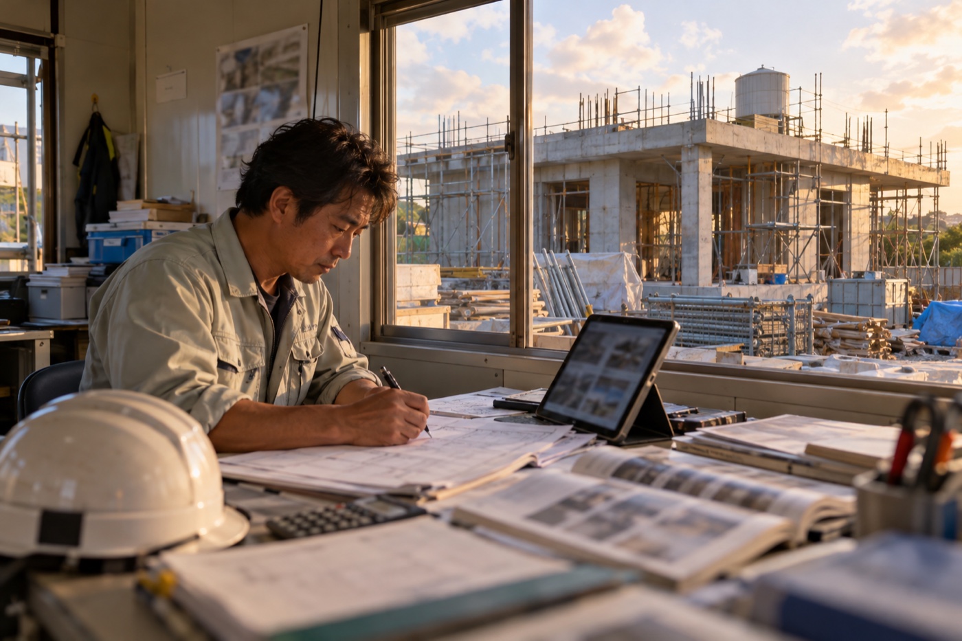 沖縄のコンクリート住宅の建築現場を窓の外に見ながら、現場事務所でタブレットの現場写真を横に紙の日報と見積書を書く現場監督。手前にヘルメットと電卓、資材カタログ