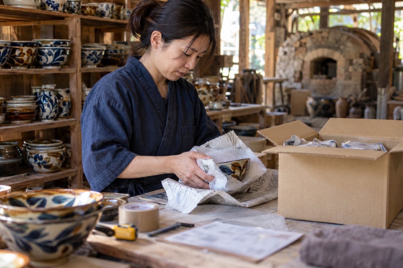 やちむんが並ぶ工房で、器を緩衝材に包む作り手