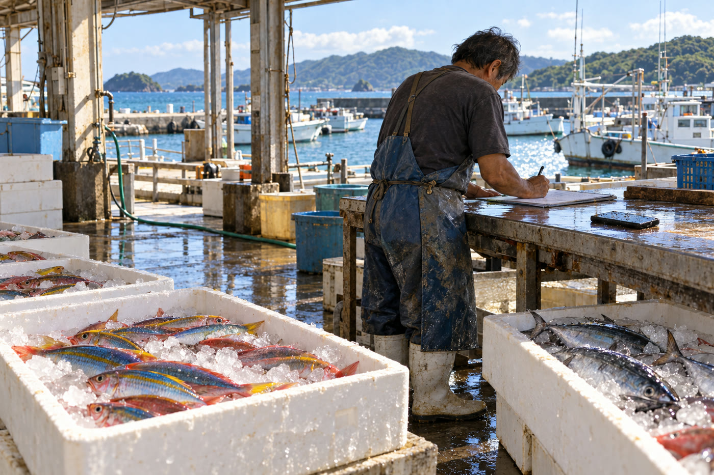 漁港の荷さばき場で、氷を張った魚の箱の横に立ち、作業台の用紙に水揚げの記録を書く漁師の後ろ姿