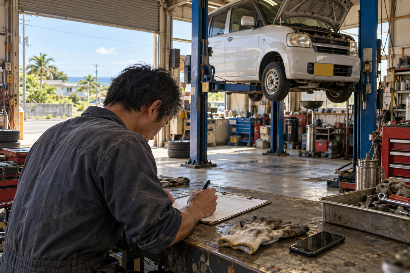リフトで車を持ち上げた整備工場の作業台で、軍手とスマートフォンの横に置いた用紙へ整備記録を書く整備士