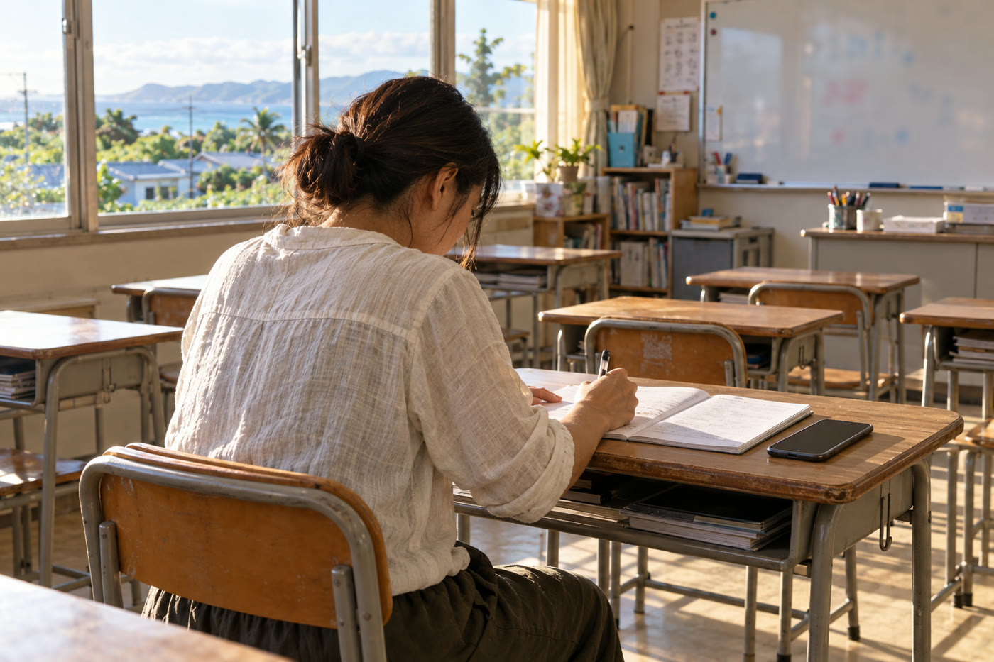 授業のあとの教室で保護者への連絡帳を書く講師の手元
