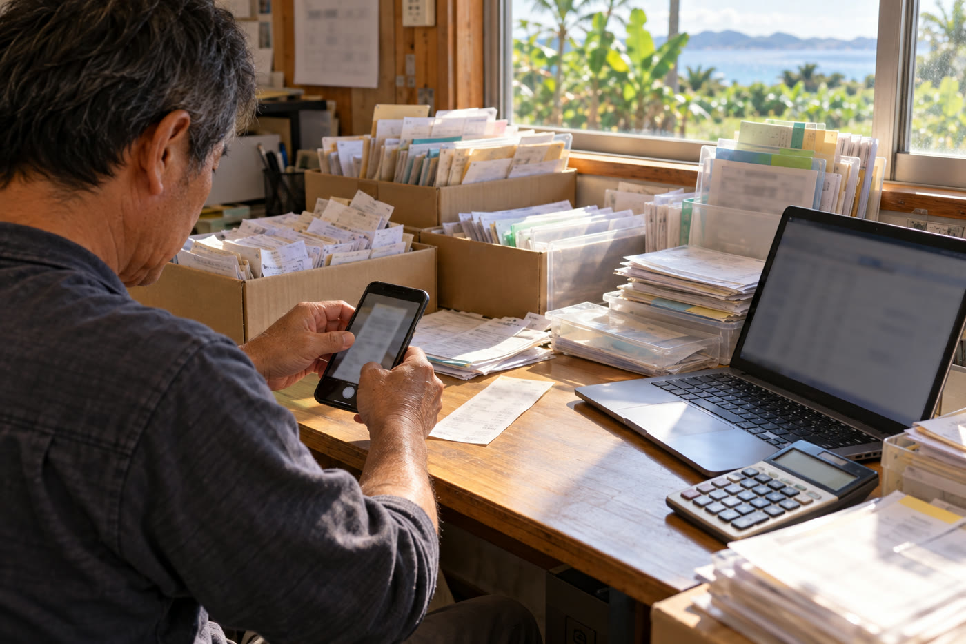 事務所の机で、積み上がった領収書をスマートフォンで撮影する手元