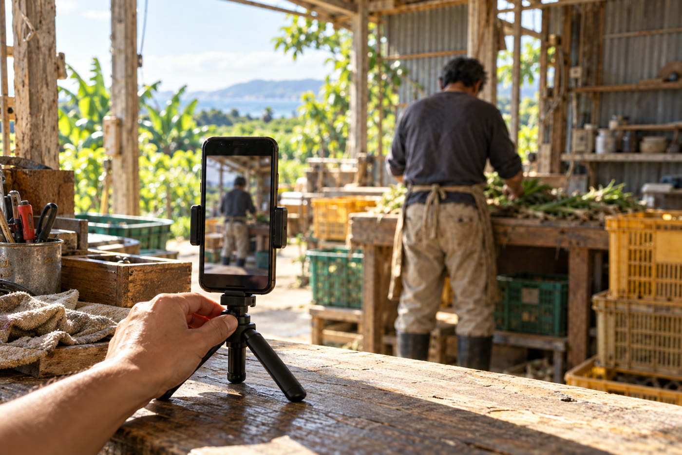 作業場の机に置いた三脚付きのスマートフォンで、奥で働く人の後ろ姿を撮影する様子