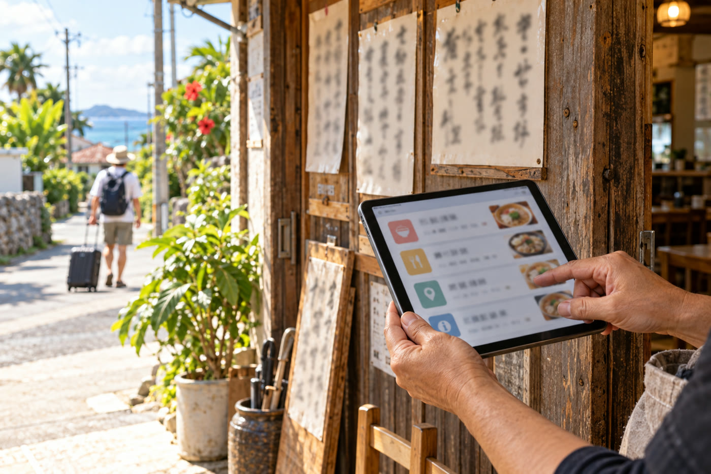 手書きのお品書きが並ぶ食堂の入口で、店員が多言語の案内を表示したタブレットを持つ手元。外の通りにはスーツケースを引く旅行者